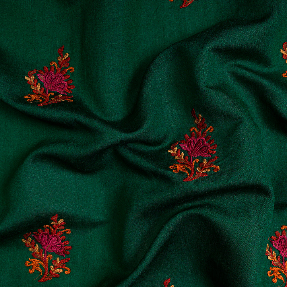 (Pre-Cut 3.80 Mtr) Dark Green Color Embroidered Natural Silk Fabric