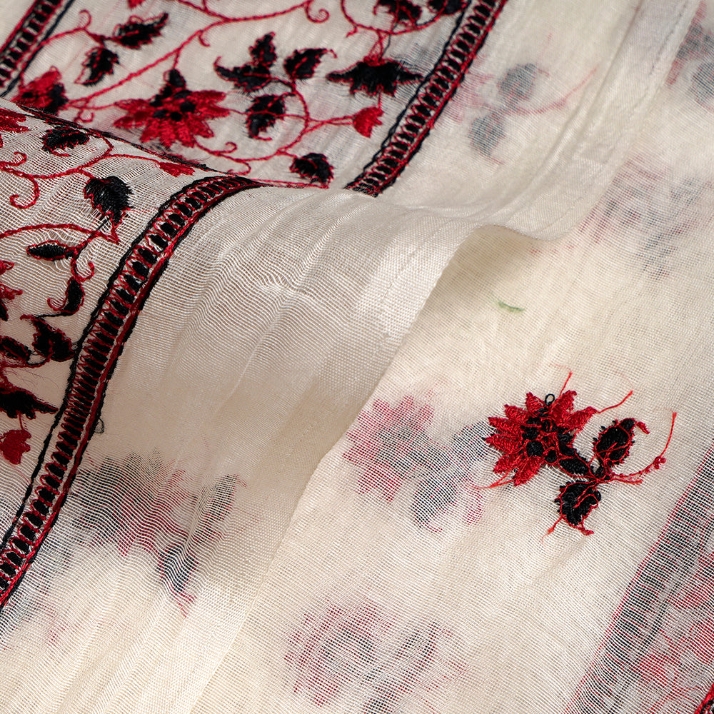 (Pre-Cut 3.30 Mtr) Off White Color Embroidered Pure Chanderi Fabric