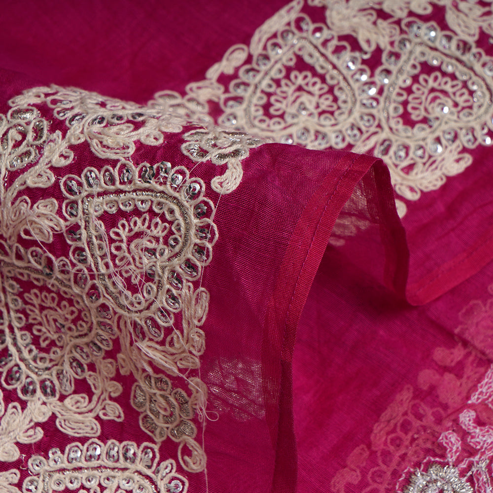(Pre-Cut 3 Mtr) Pink Color Embroidered Tussar Chanderi Fabric