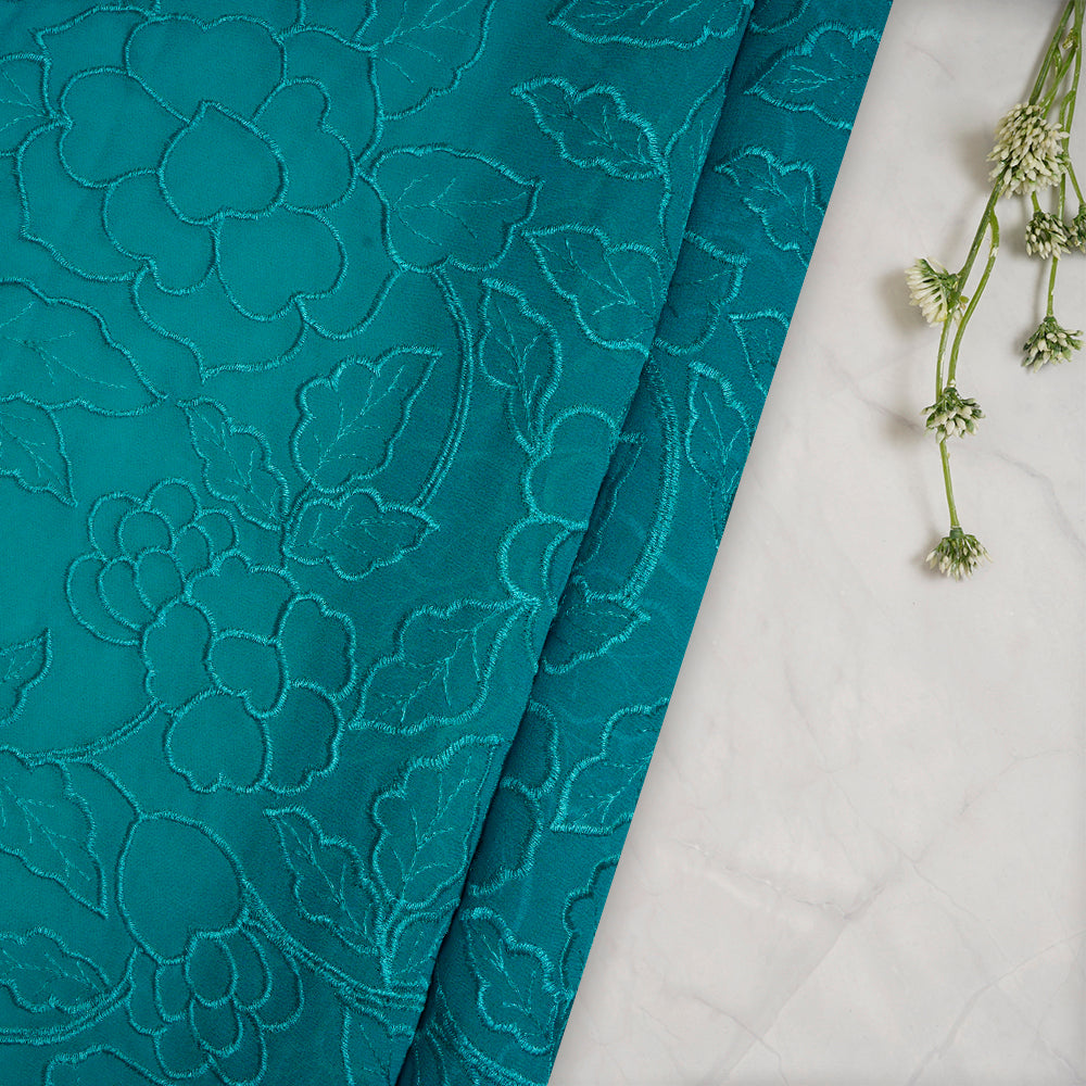 (Pre-Cut 4.25 Mtr) Turquoise Color Embroidered Georgette Silk Fabric