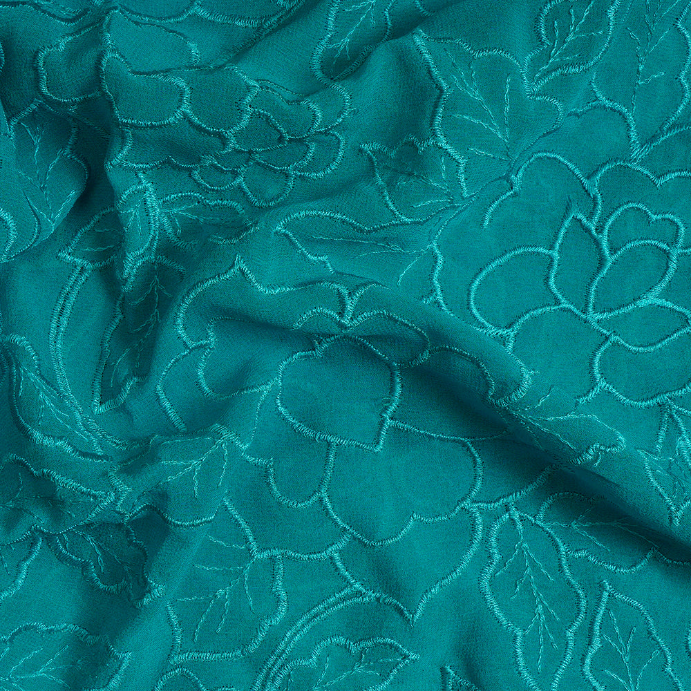 (Pre-Cut 4.25 Mtr) Turquoise Color Embroidered Georgette Silk Fabric