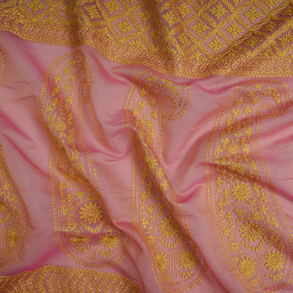 (Pre-Cut 1.20 Mtr) Light Pink Color Embroidered Pure Chanderi Fabric