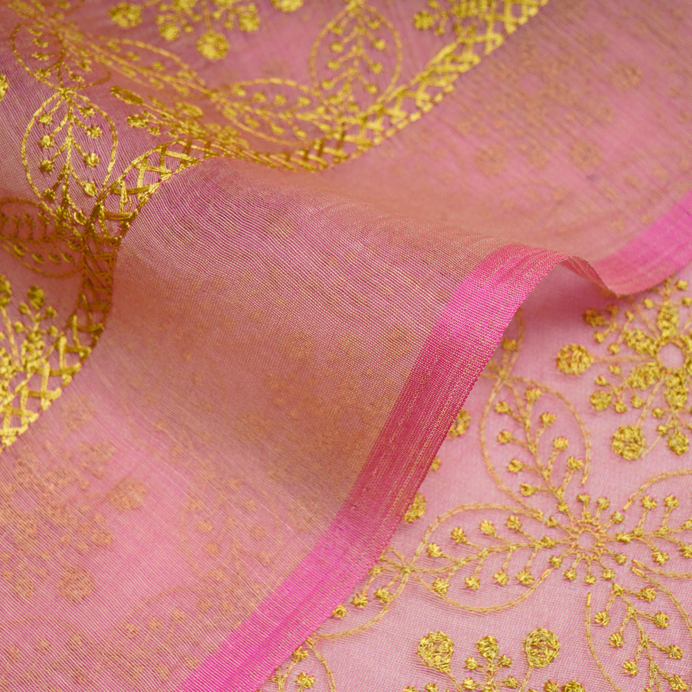 (Pre-Cut 1.20 Mtr) Light Pink Color Embroidered Pure Chanderi Fabric