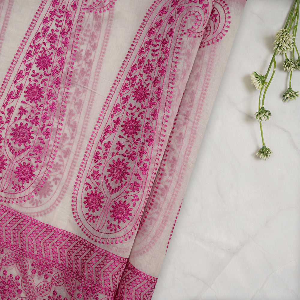 (Pre-Cut 2.70 Mtr) Off White Color Embroidered Pure Chanderi Fabric