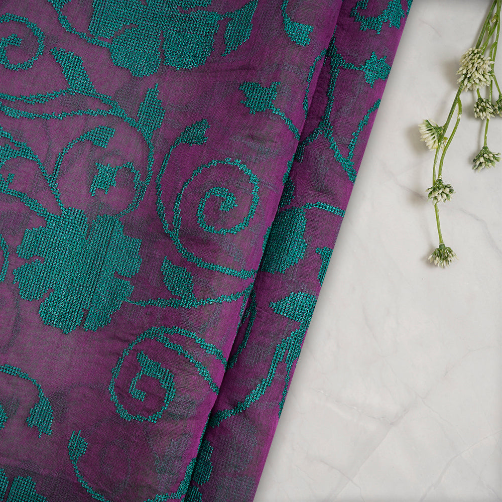 (Pre-Cut 2.90 Mtr) Purple Color Embroidered Pure Chanderi Fabric