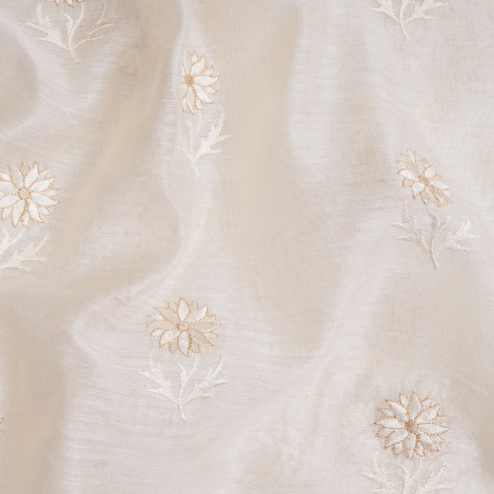 (Pre-Cut 2.90 Mtr) Off White Color Embroidered Muga Silk Fabric