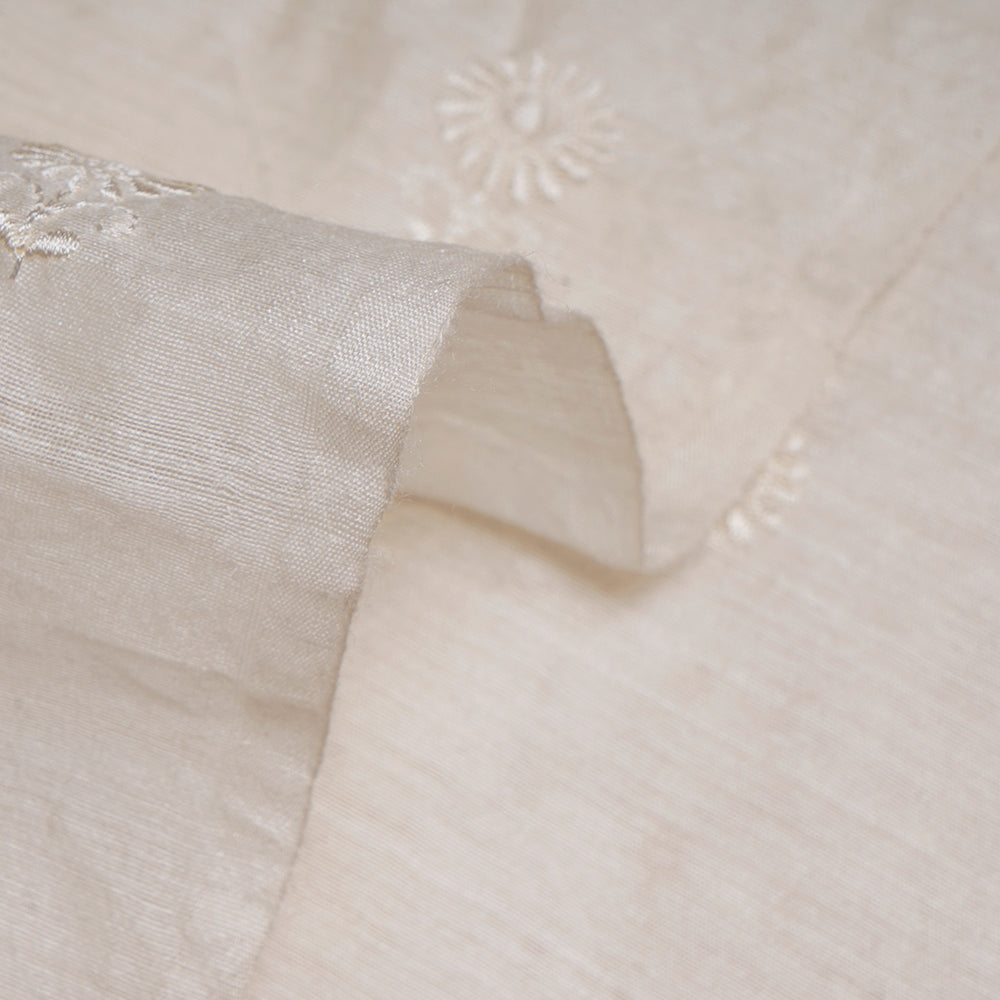 (Pre-Cut 2.90 Mtr) Off White Color Embroidered Muga Silk Fabric