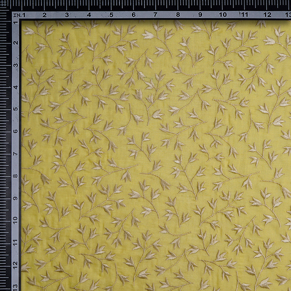 (Pre-Cut 1.70 Mtr) Lemon Color Embroidered Chanderi Tussar Fabric