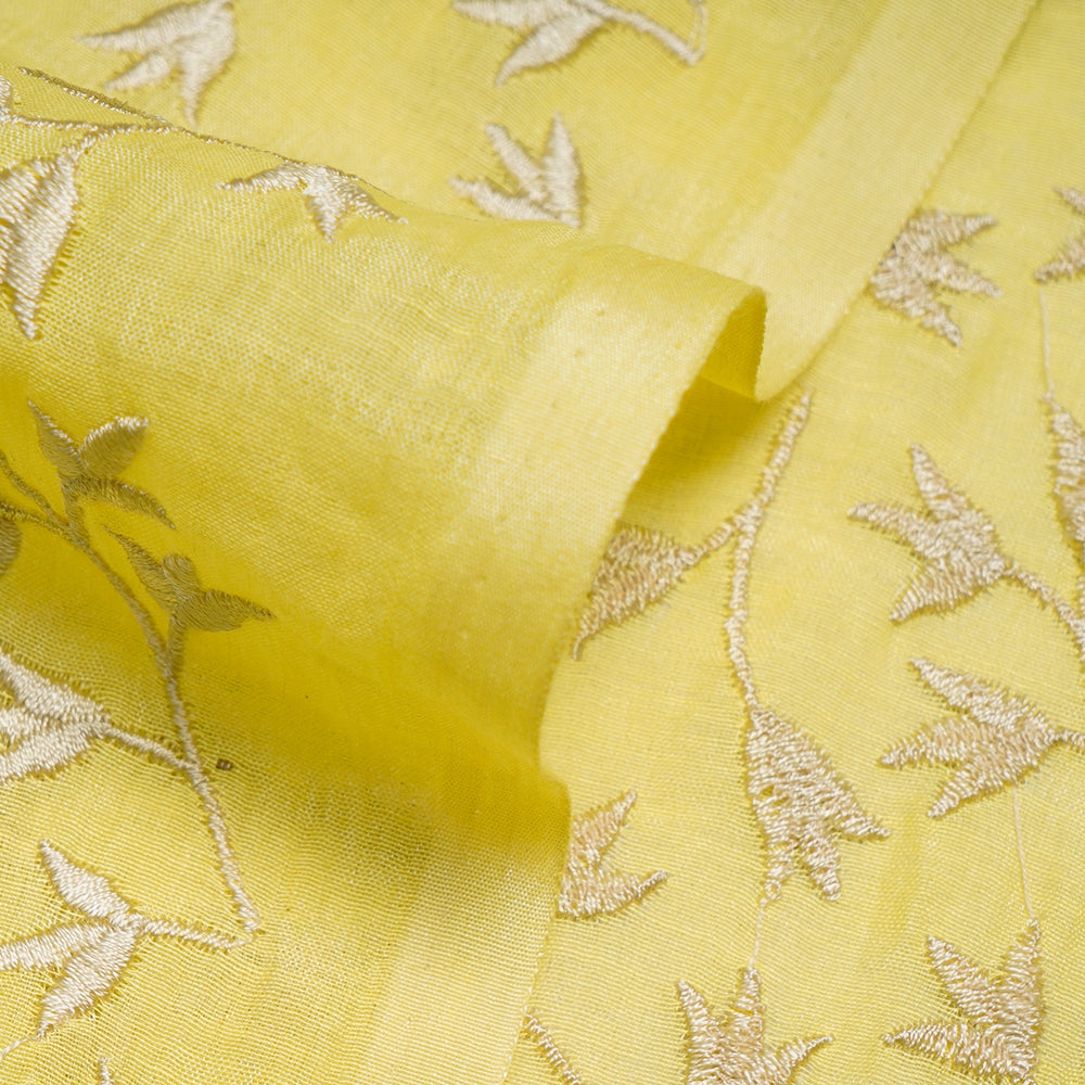 (Pre-Cut 1.70 Mtr) Lemon Color Embroidered Chanderi Tussar Fabric