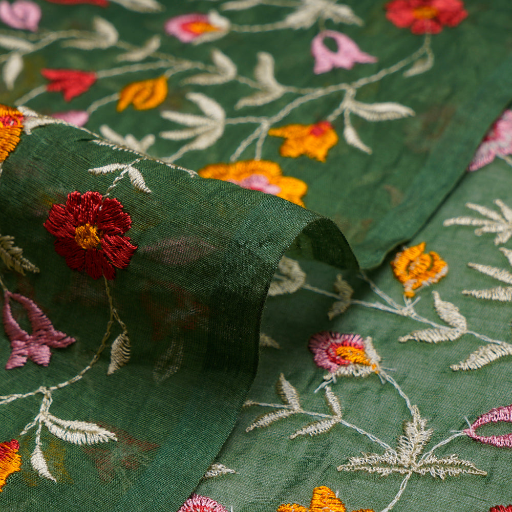 (Pre-Cut 2 Mtr) Dark Green Color Embroidered Pure Chanderi Fabric