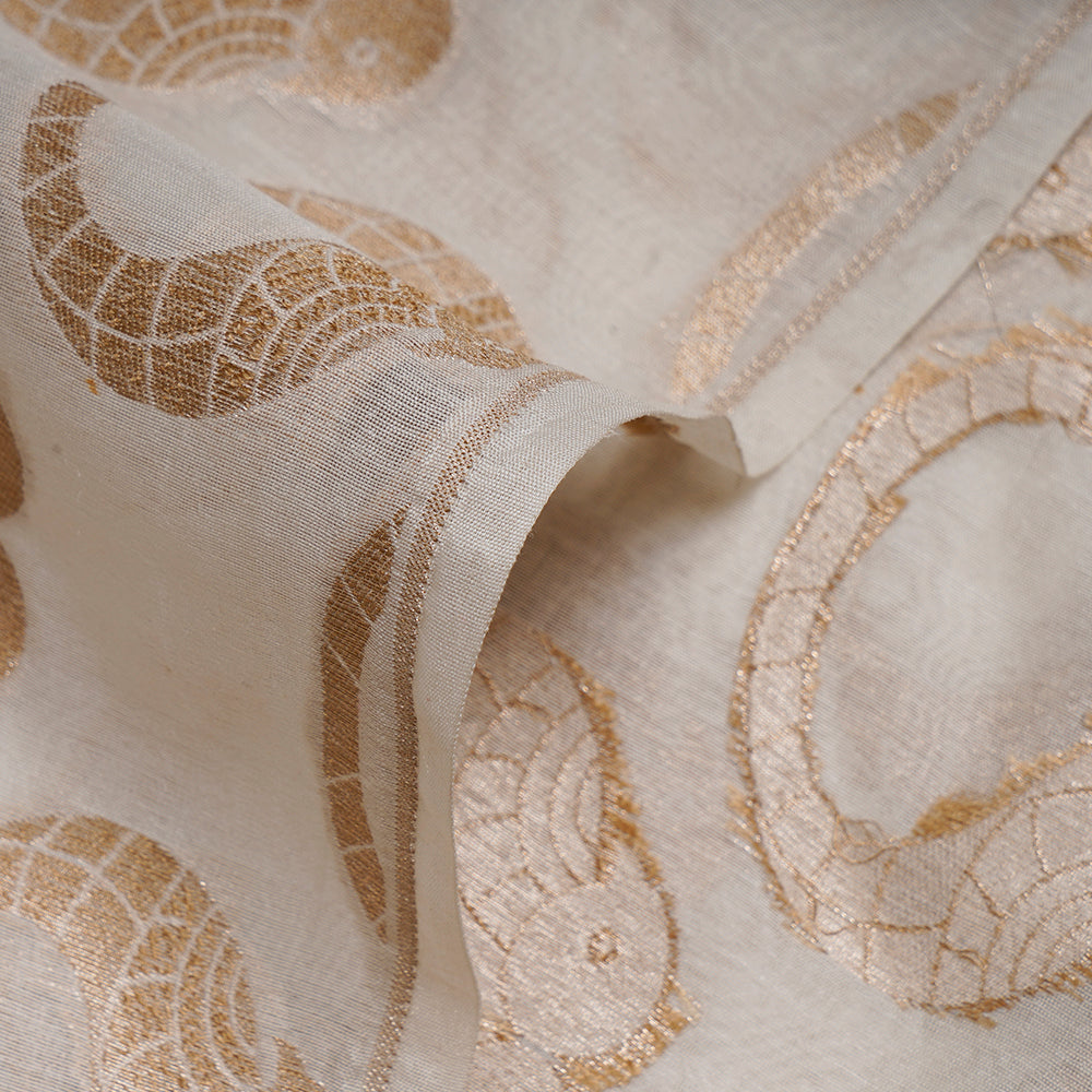 (Pre-Cut 2 Mtr) Off White Color Chanderi Jacquard Fabric