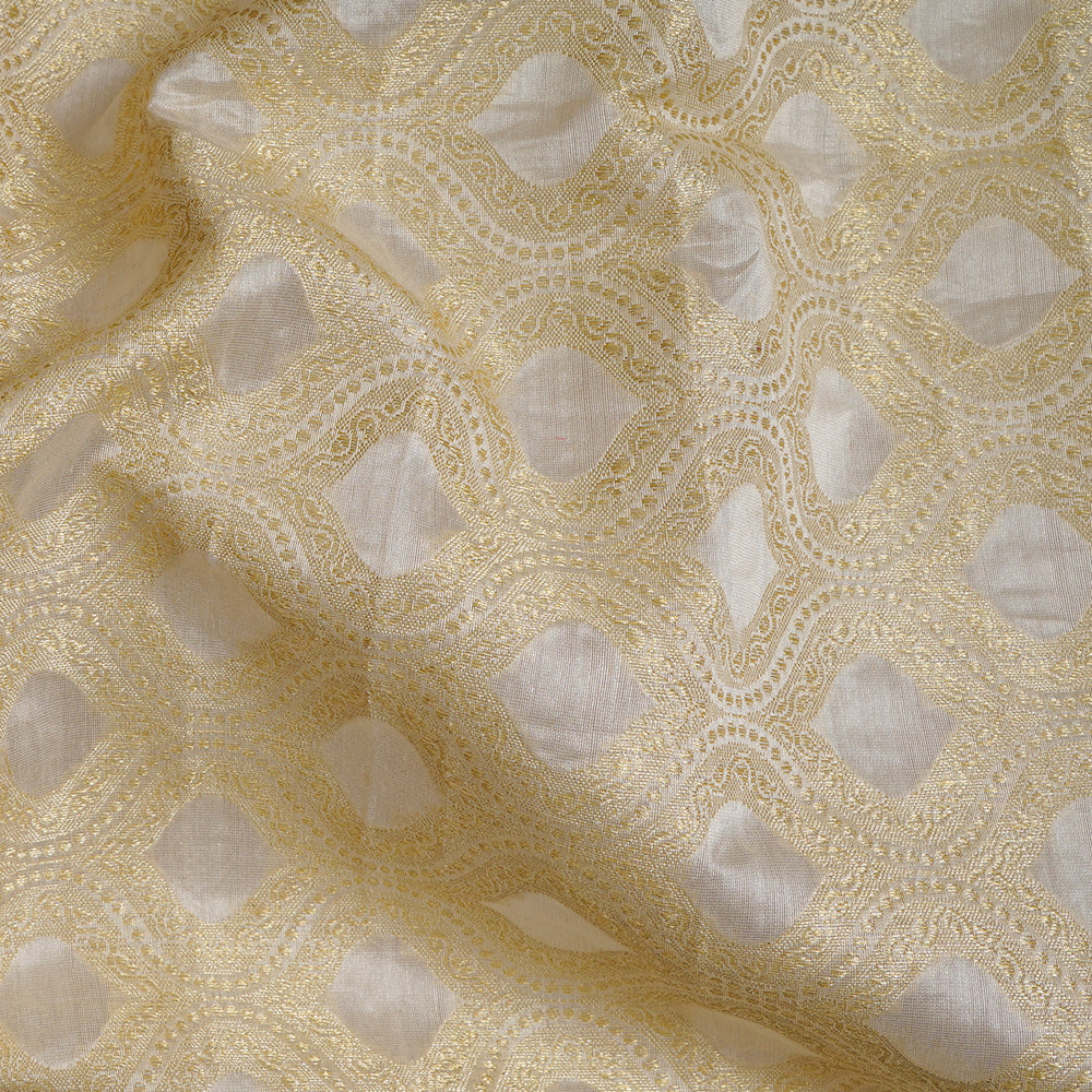 (Pre-Cut 0.90 Mtr) Off White-Golden Color Handwoven Brocade Silk Fabric