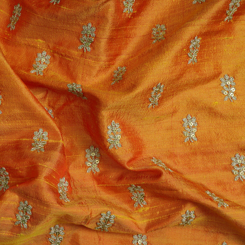 (Pre-Cut 3.70 Mtr) Orange Color Embroidered Dupion Fabric