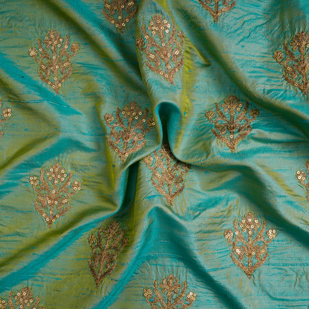 (Pre-Cut 3.55 Mtr) Blue-Yellow Color Dual Tone Embroidered Dupion Fabric