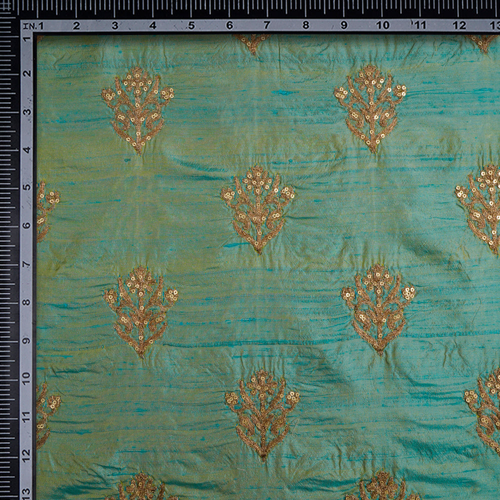(Pre-Cut 3.55 Mtr) Blue-Yellow Color Dual Tone Embroidered Dupion Fabric