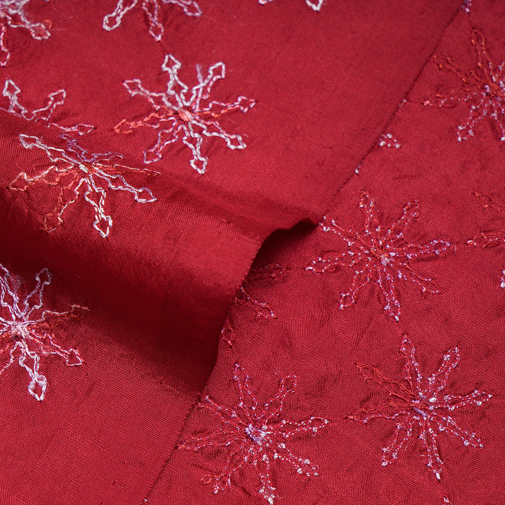 (Pre-Cut 3.40 Mtr) Red Color Embroidered Plain Silk Fabric