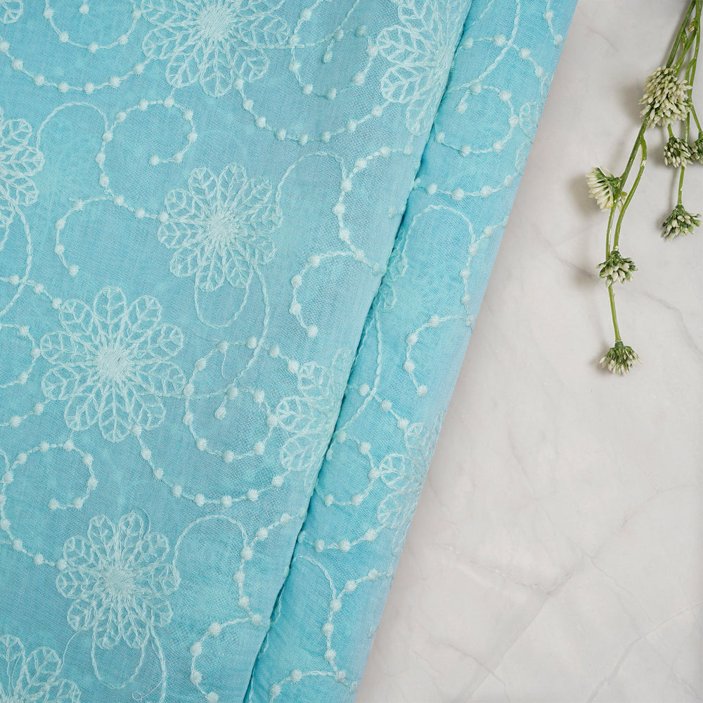 (Pre-Cut 3 Mtr) Ice Blue Color Embroidered Chanderi Fabric