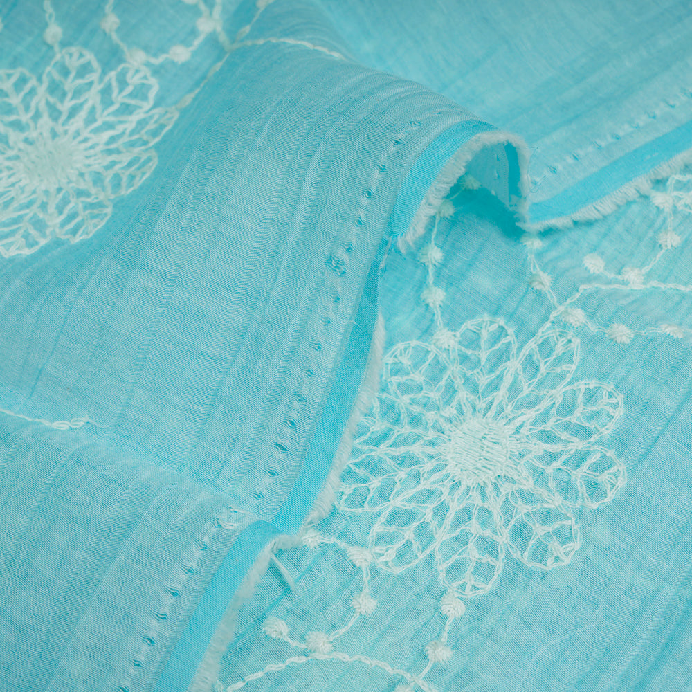 (Pre-Cut 3 Mtr) Ice Blue Color Embroidered Chanderi Fabric