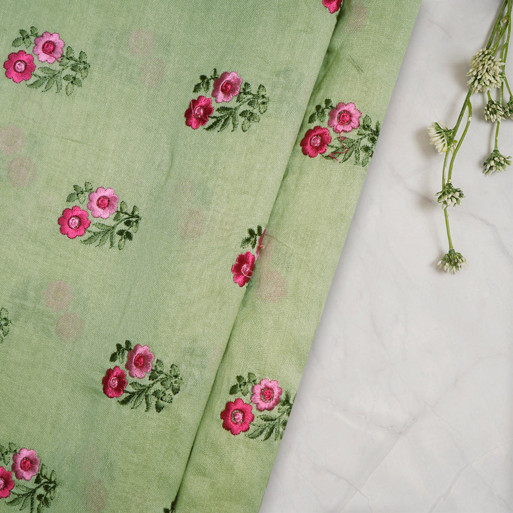 (Pre-Cut 4 Mtr) Green Color Embroidered Pure Chanderi Fabric