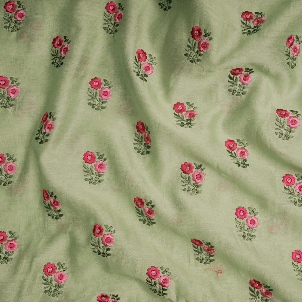 (Pre-Cut 4 Mtr) Green Color Embroidered Pure Chanderi Fabric
