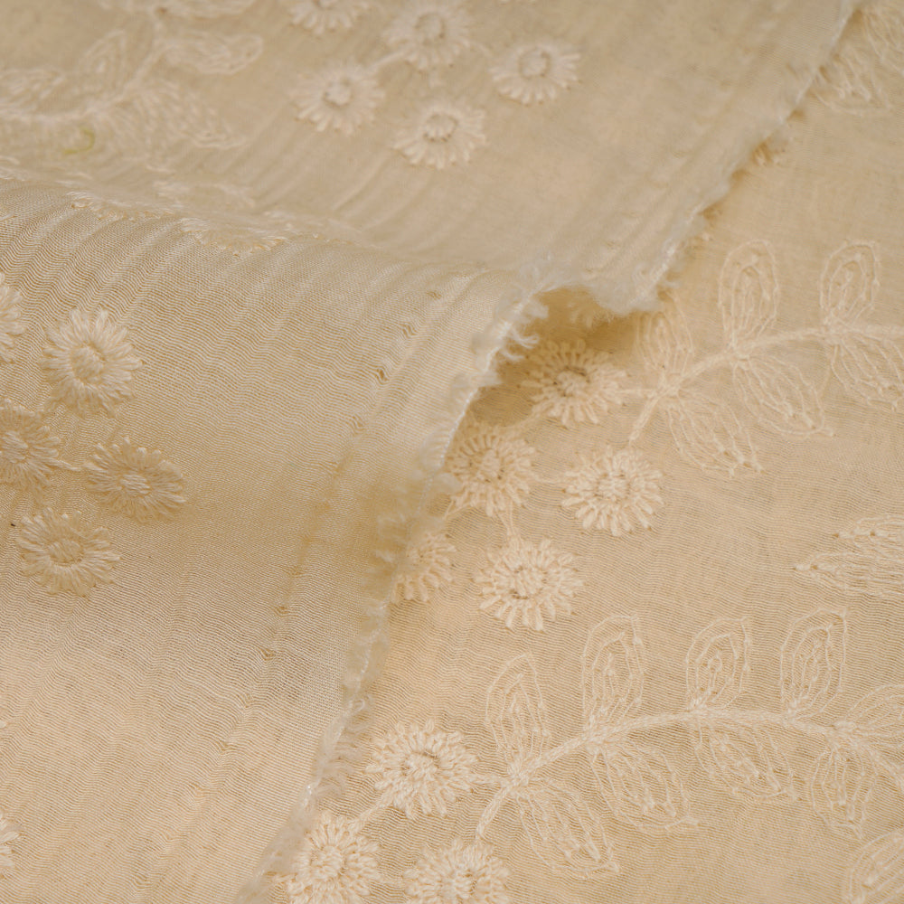 (Pre-Cut 3 Mtr) Cream Color Embroidered Pure Chanderi Fabric