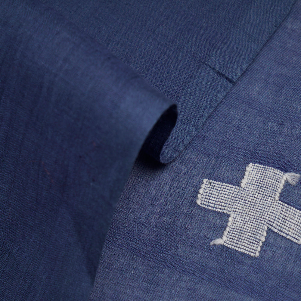 (Pre-Cut 2.45 Mtr) Dark Blue Color Handwoven Jamdani Cotton Fabric