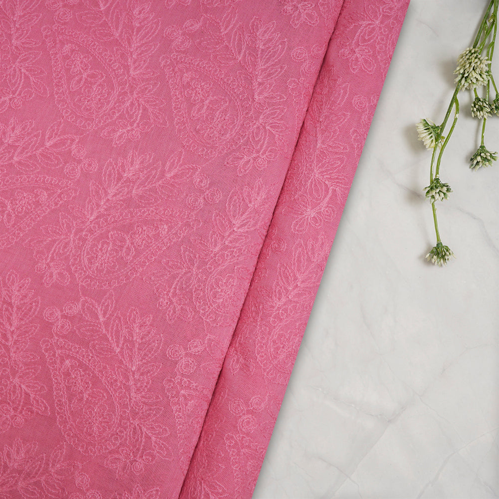 (Pre-Cut 3.20 Mtr) Pink Color Embroidered Pure Chanderi Fabric