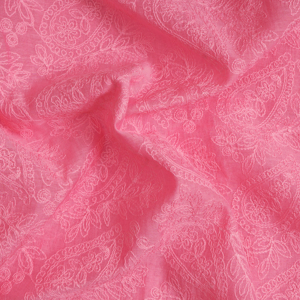 (Pre-Cut 3.20 Mtr) Pink Color Embroidered Pure Chanderi Fabric