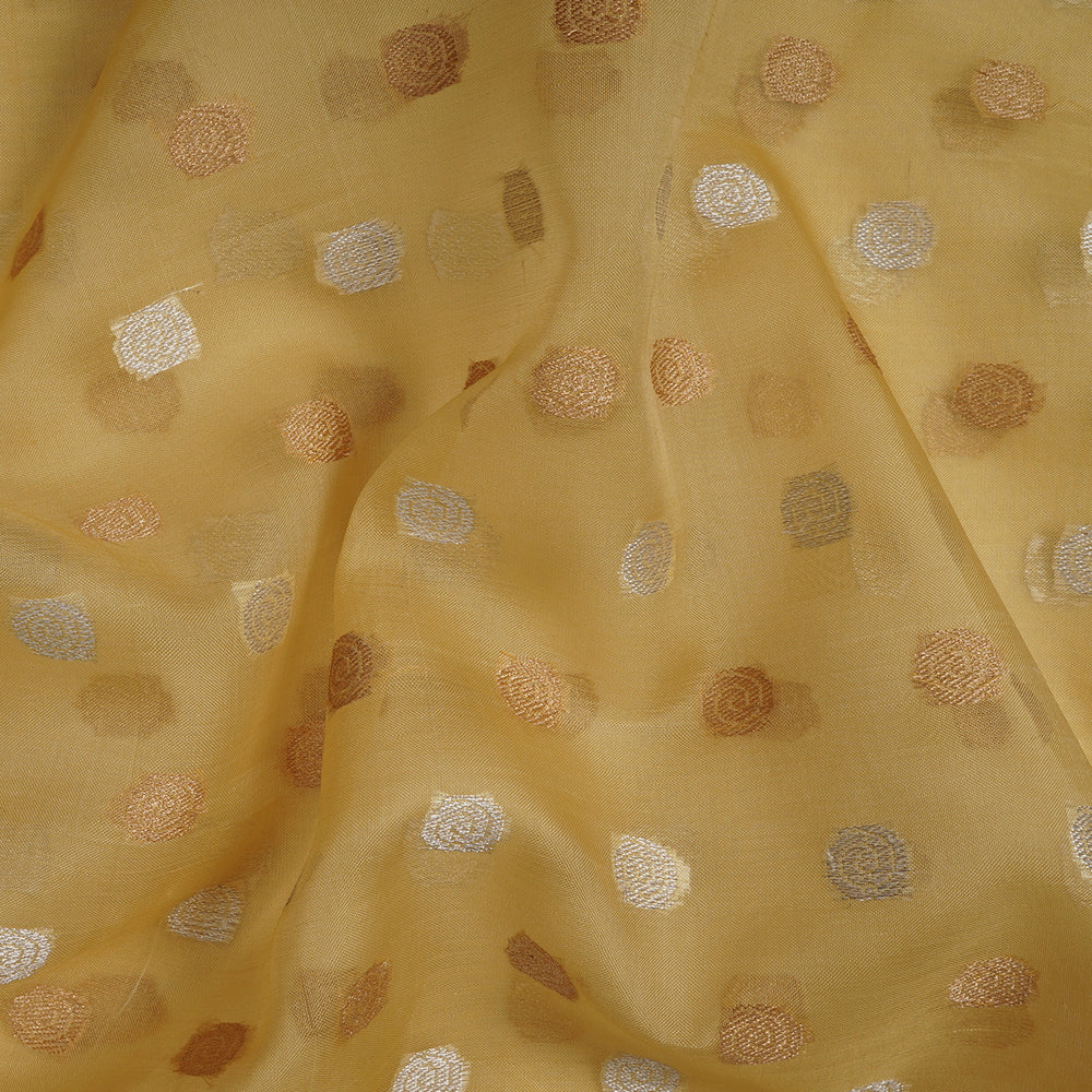 (Pre-Cut 2 Mtr) Yellow Color Handwoven Organza Jacquard Silk Fabric