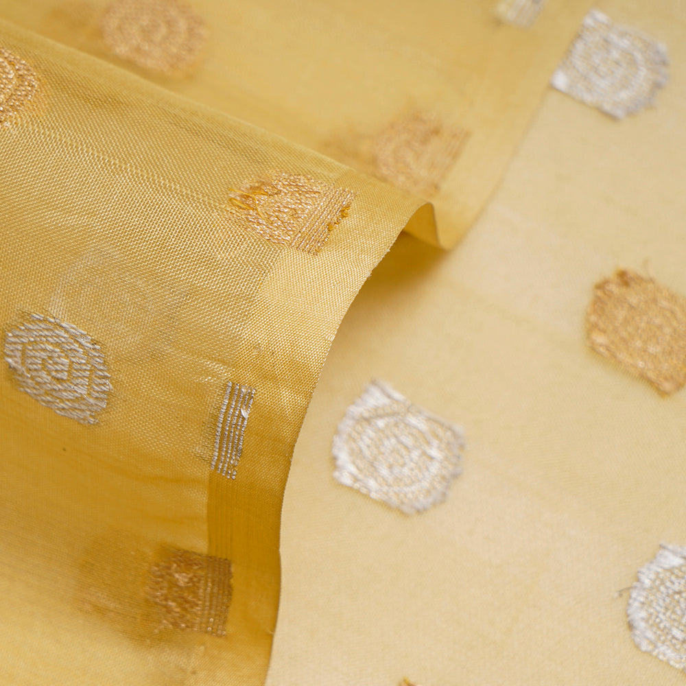 (Pre-Cut 2 Mtr) Yellow Color Handwoven Organza Jacquard Silk Fabric