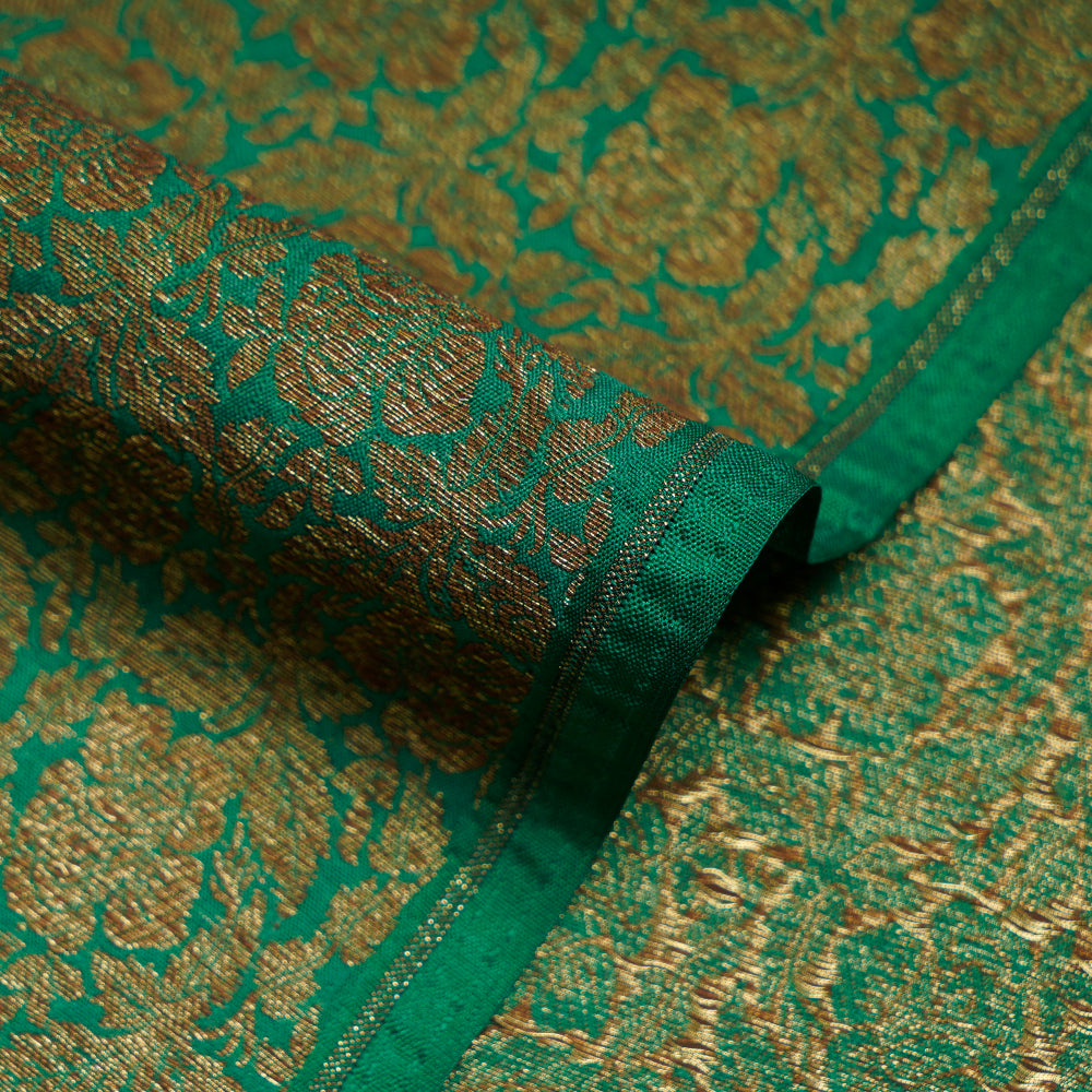 (Pre-Cut 1.45 Mtr) Green Color Handwoven Poly Silk Brocade Fabric