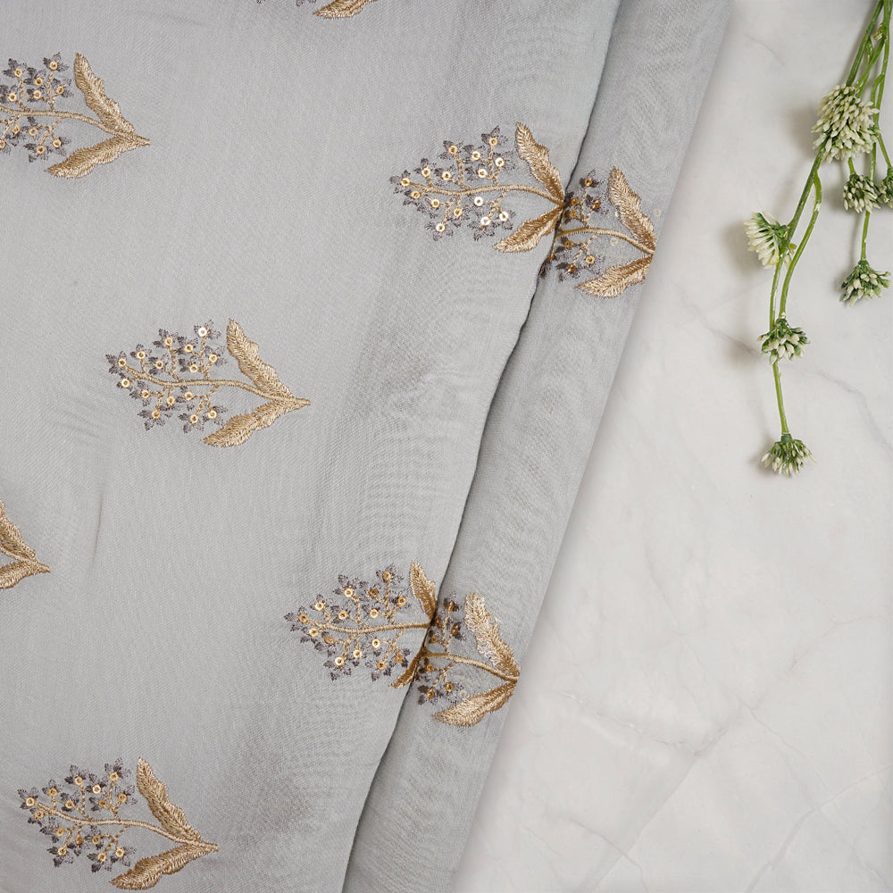 (Pre-Cut 1 Mtr) Grey Color Embroidered Pure Chanderi Fabric