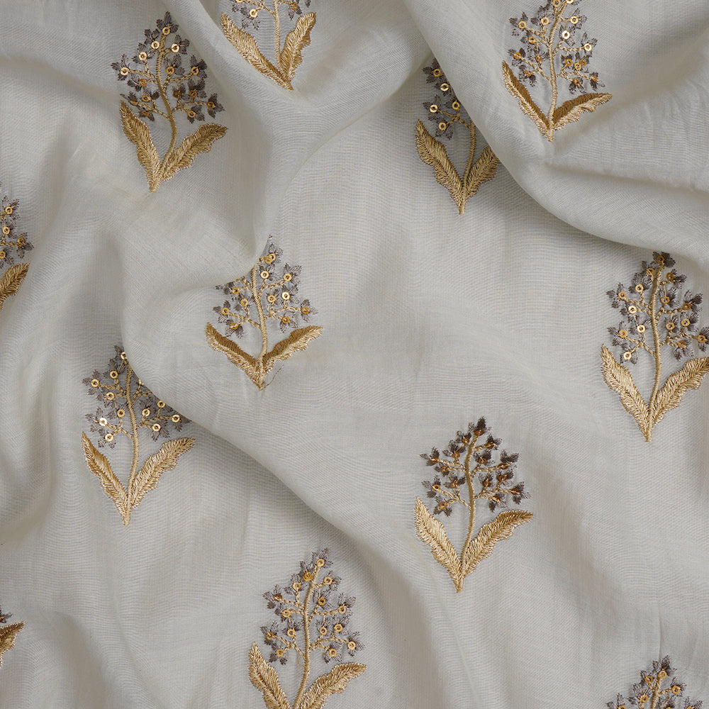 (Pre-Cut 1 Mtr) Grey Color Embroidered Pure Chanderi Fabric