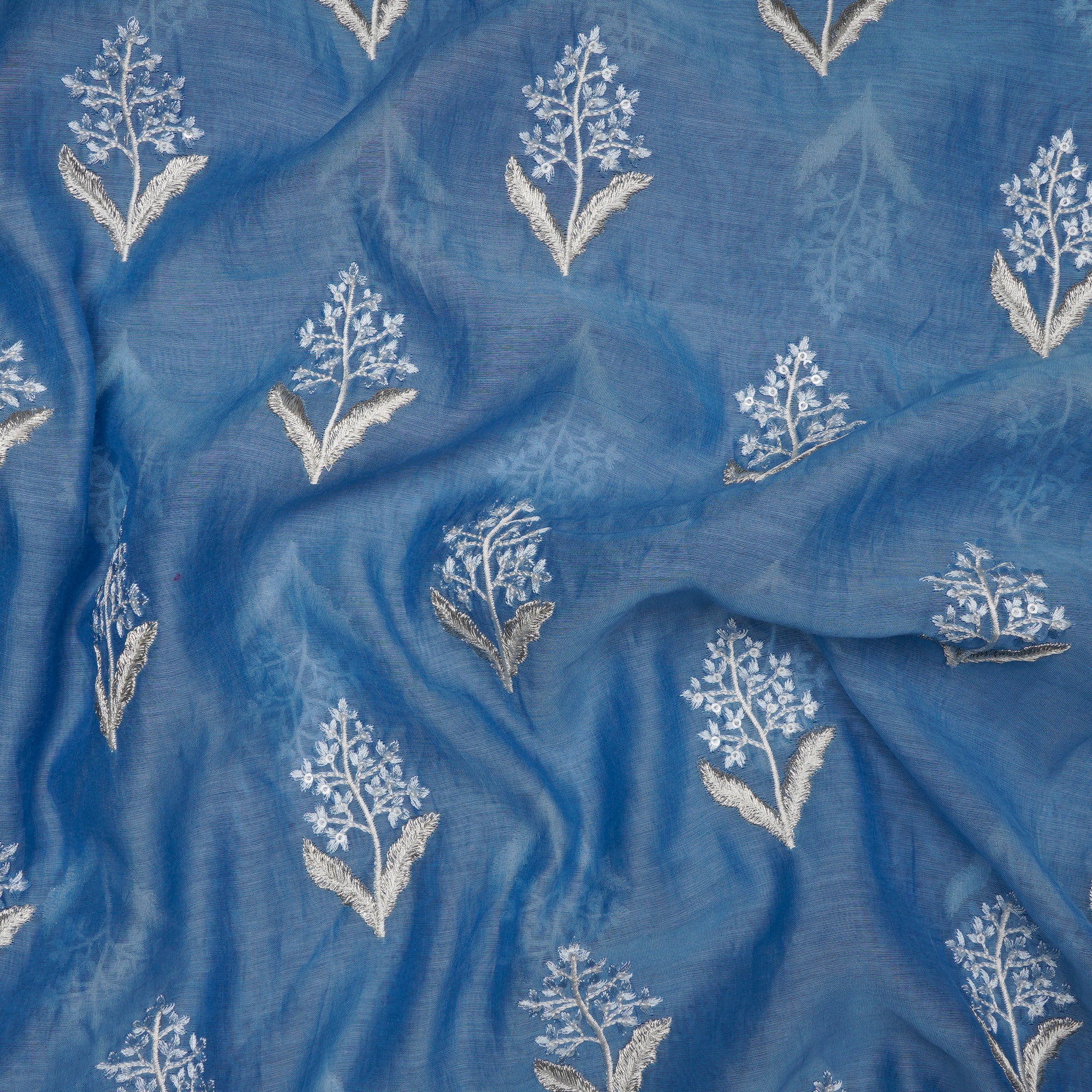 (Pre-Cut 3.50 Mtr) Blue Embroidered Pure Chanderi Fabric