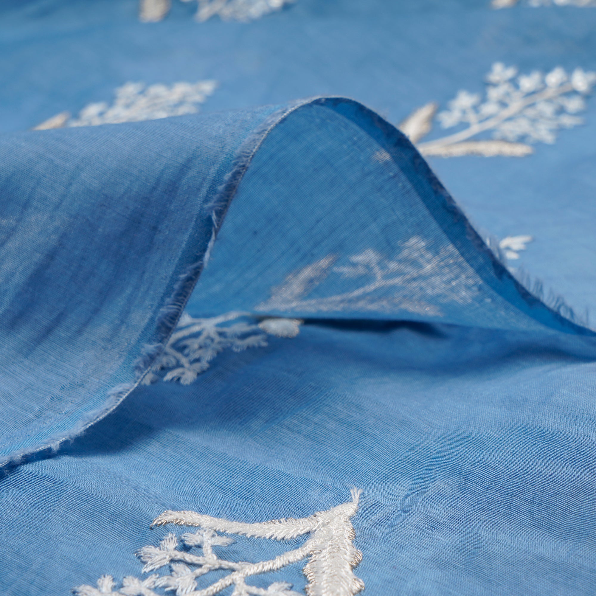 (Pre-Cut 3.50 Mtr) Blue Embroidered Pure Chanderi Fabric