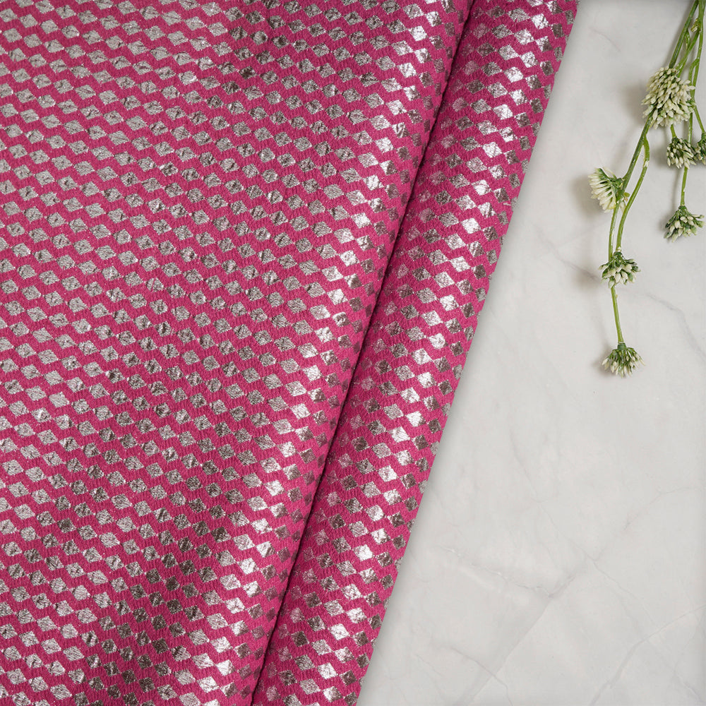 (Pre-Cut 3.30 Mtr) Pink-Silver Color Handwoven Brocade Lurex Silk Fabric