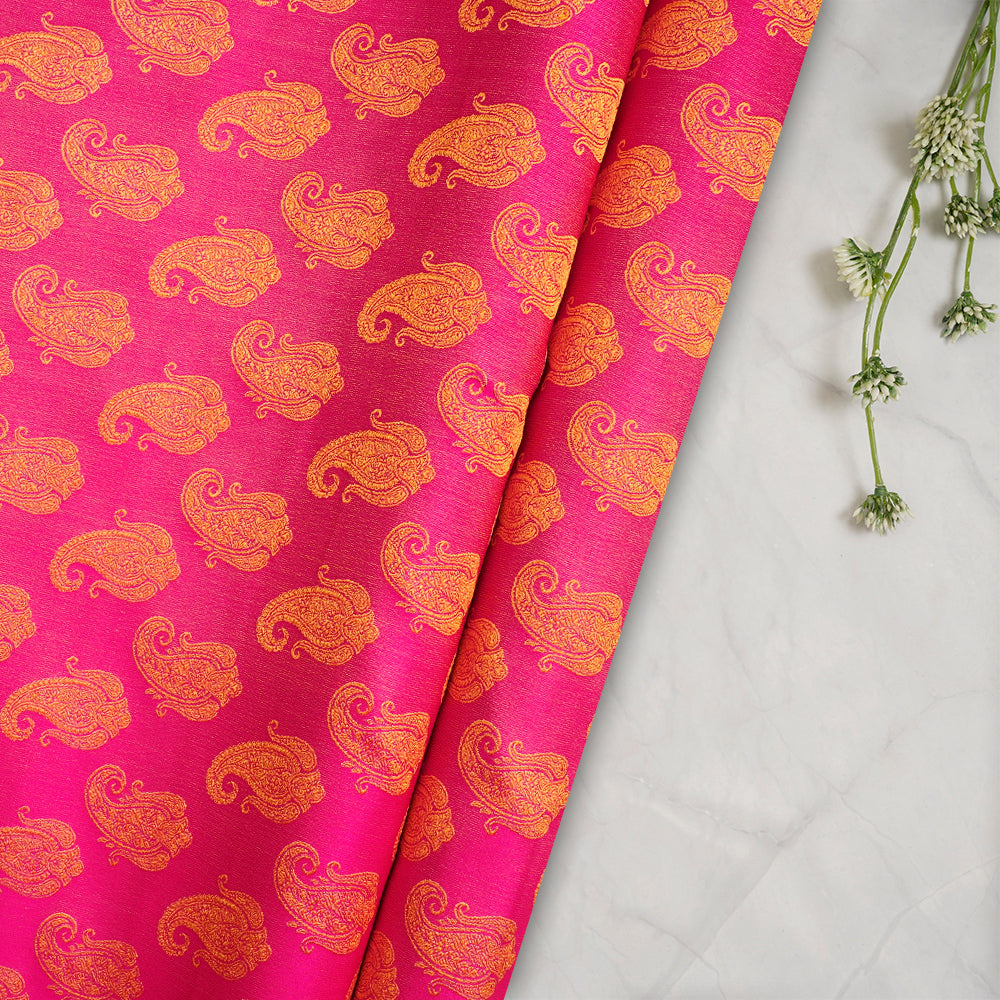 (Pre-Cut 2.50 Mtr) Pink Color Handwoven Banarasi Jacquard Silk Fabric
