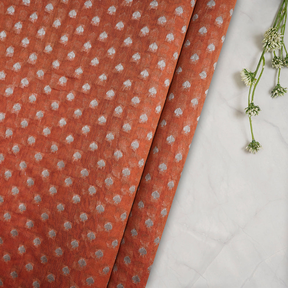 (Pre-Cut 2.70 Mtr) Orange Color Handwoven Brocade Chanderi Fabric