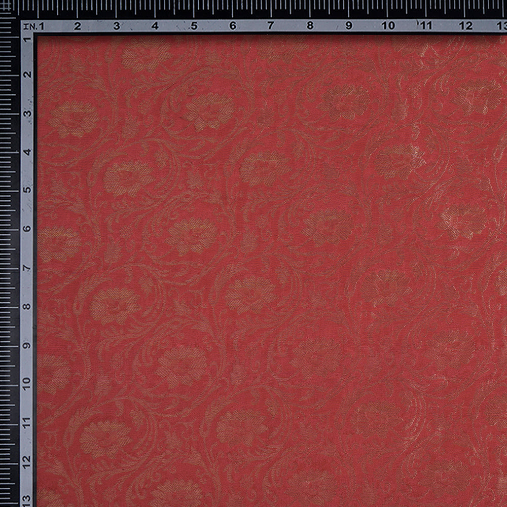 (Pre-Cut 2.60 Mtr) Red Color Handwoven Brocade Crepe Silk Fabric