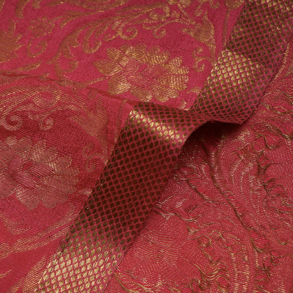 (Pre-Cut 2.60 Mtr) Red Color Handwoven Brocade Crepe Silk Fabric