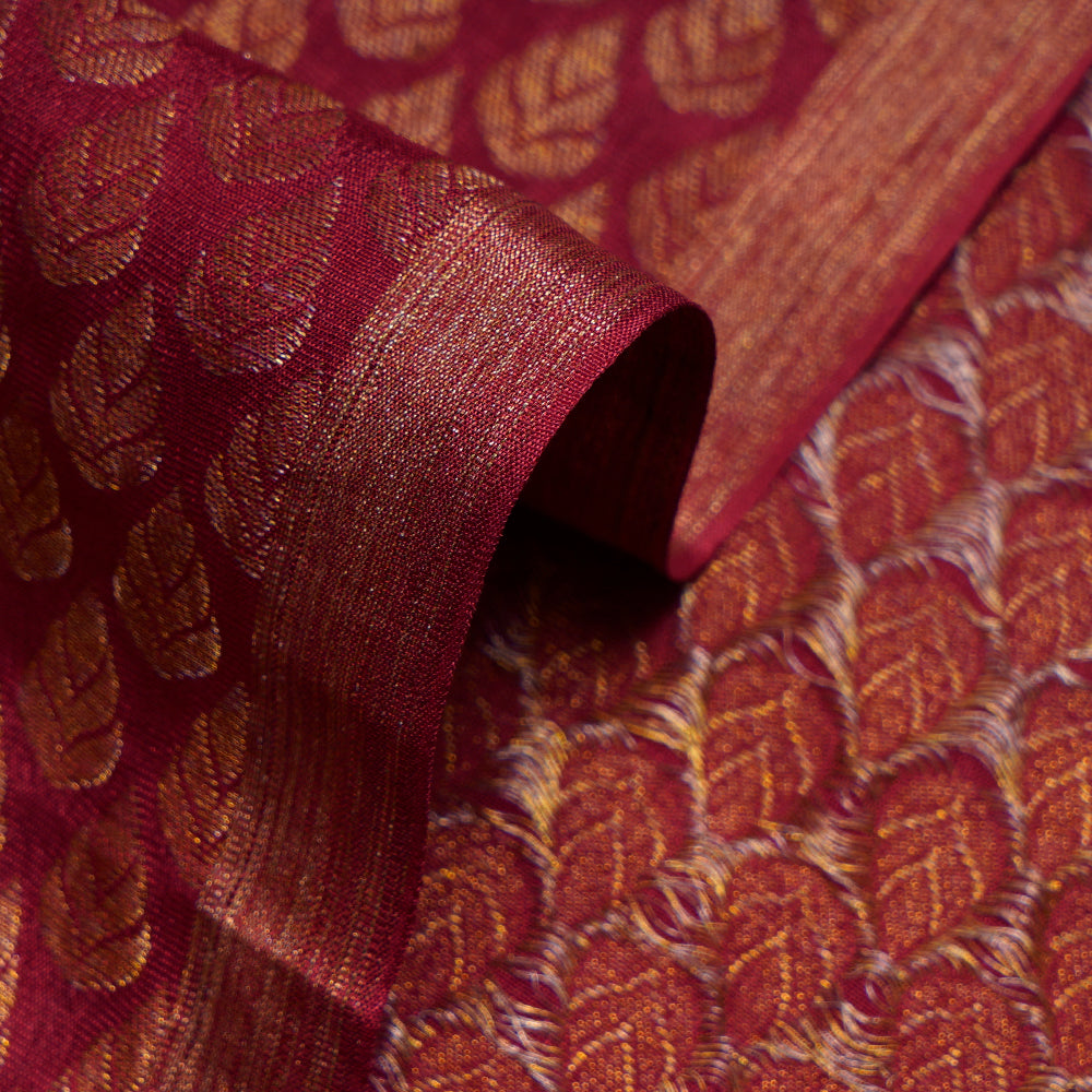 (Pre-Cut 3.80 Mtr) Red Color Handwoven Brocade Crepe Silk Fabric