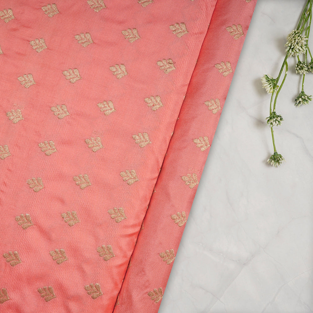 (Pre-Cut 2.55 Mtr) Peach Color Handwoven Brocade Silk Fabric