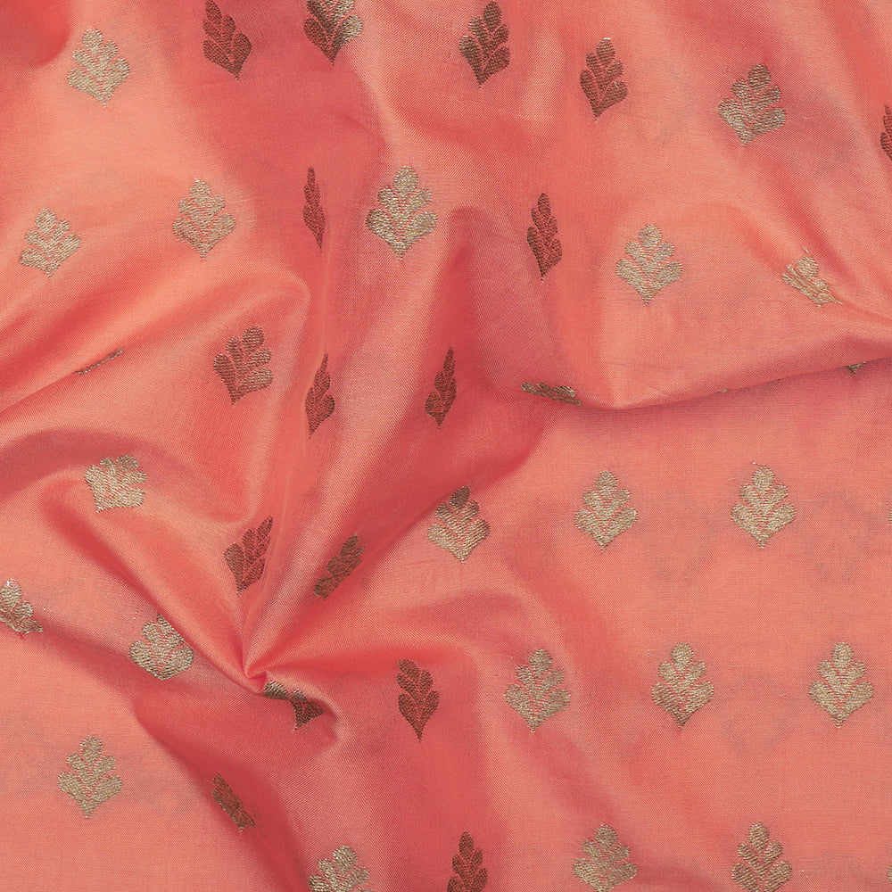 (Pre-Cut 2.55 Mtr) Peach Color Handwoven Brocade Silk Fabric
