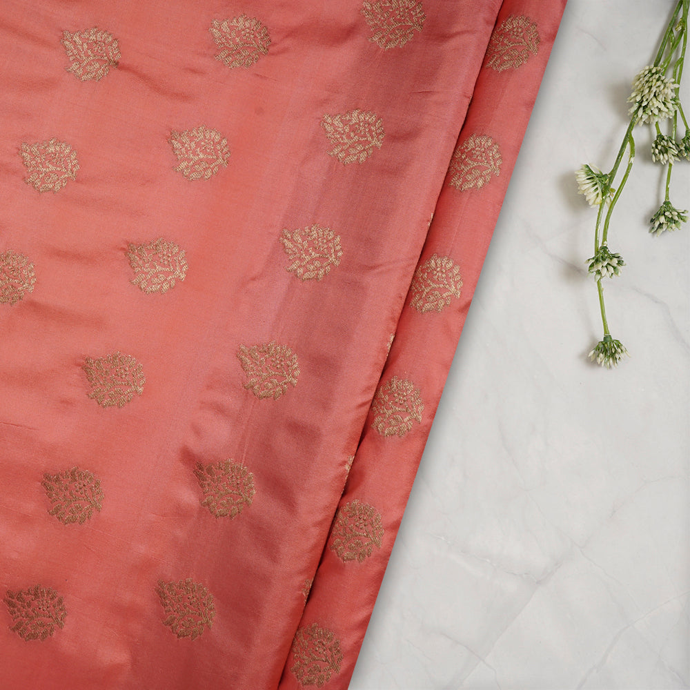 (Pre-Cut 1.10 Mtr) Peach Color Handwoven Brocade Silk Fabric
