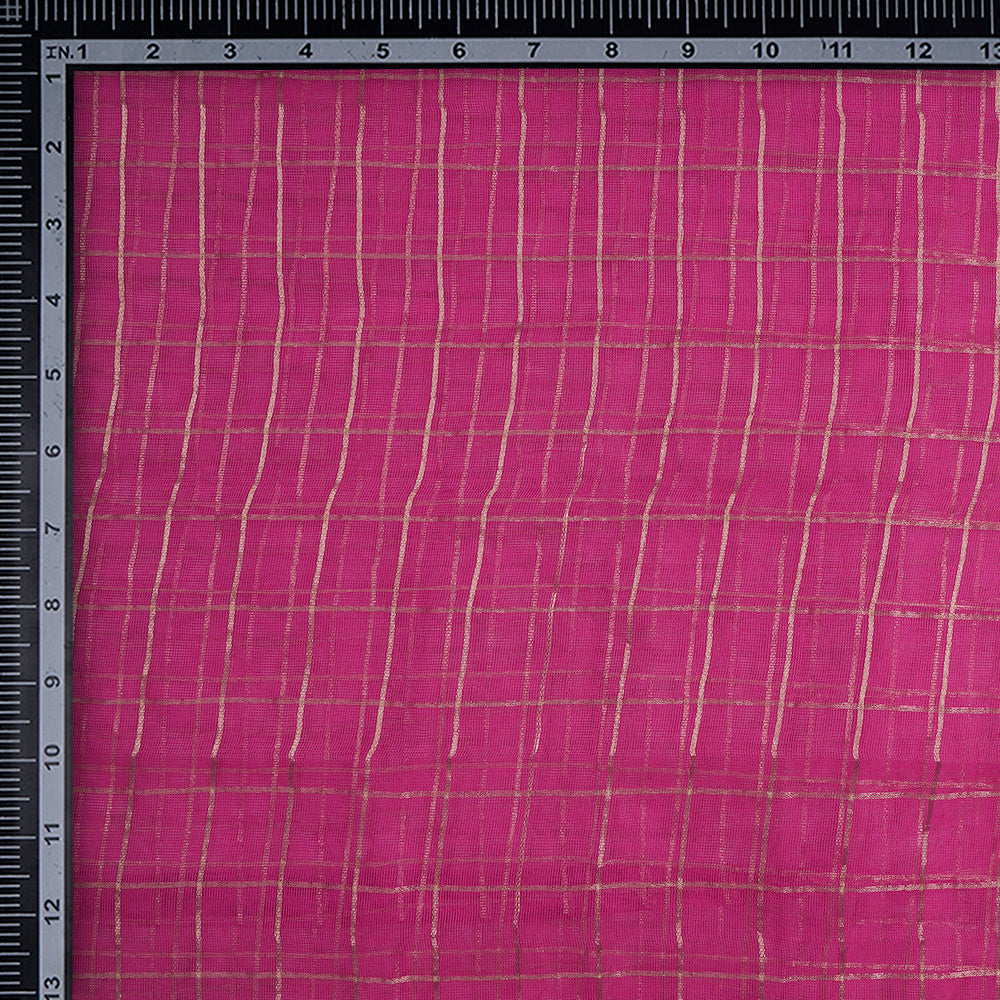 (Pre-Cut 2.55 Mtr) Pink Color Checked Silk Net Fabric