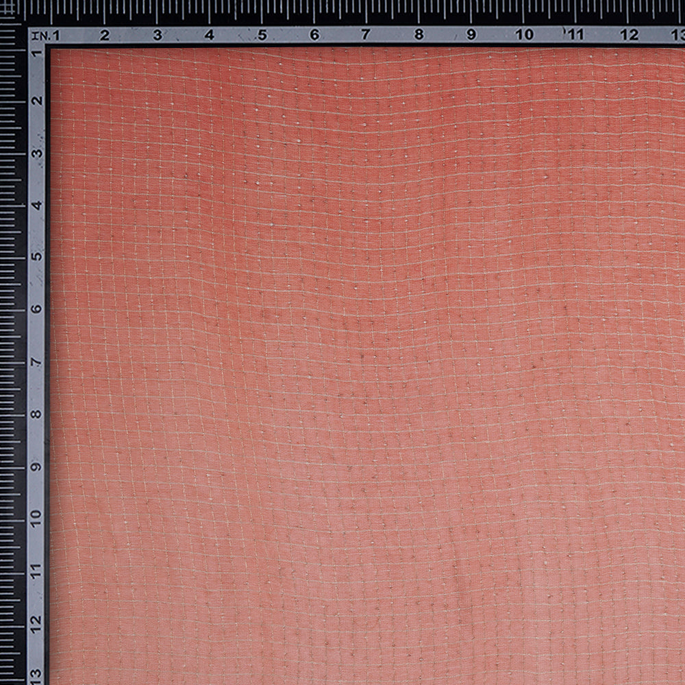 (Pre-Cut 1.65 Mtr) Red-Pink Color Ombre Dyed Zari Checked Chiffon Silk Fabric