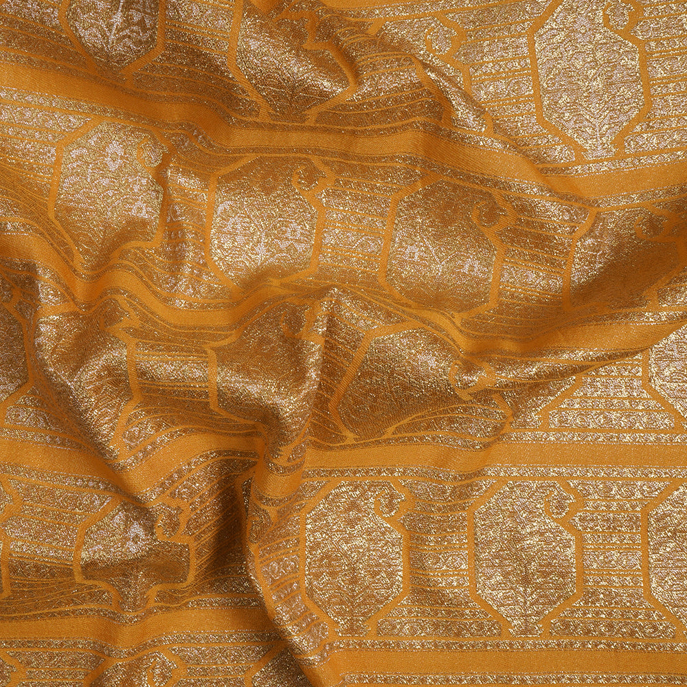 (Pre-Cut 1.10 Mtr) Mustard Color Handwoven Cotton Silk Brocade Fabric