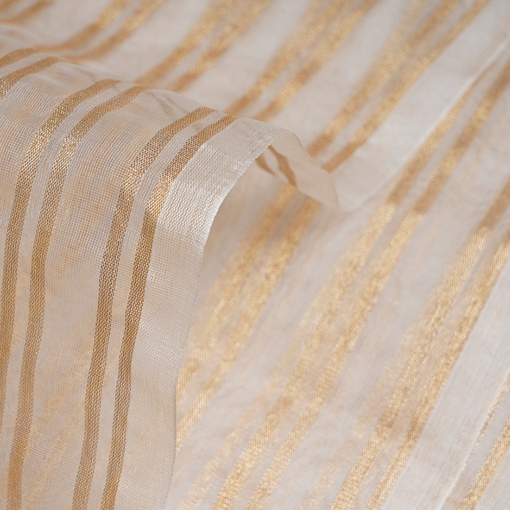 (Pre-Cut 4.40 Mtr) Off White Color Zari Striped Organza Silk Fabric
