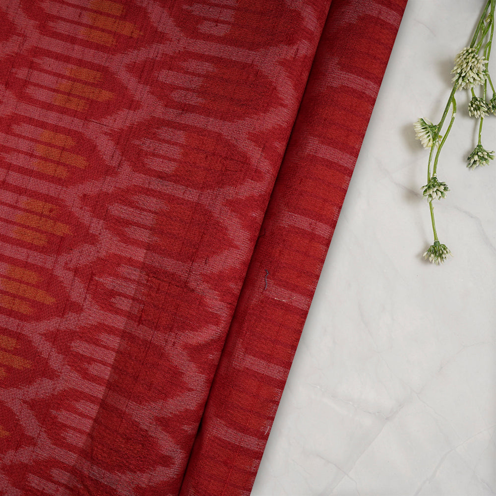 (Pre-Cut 3.75 Mtr) Red Color Handwoven Ikat Dupion Silk Fabric