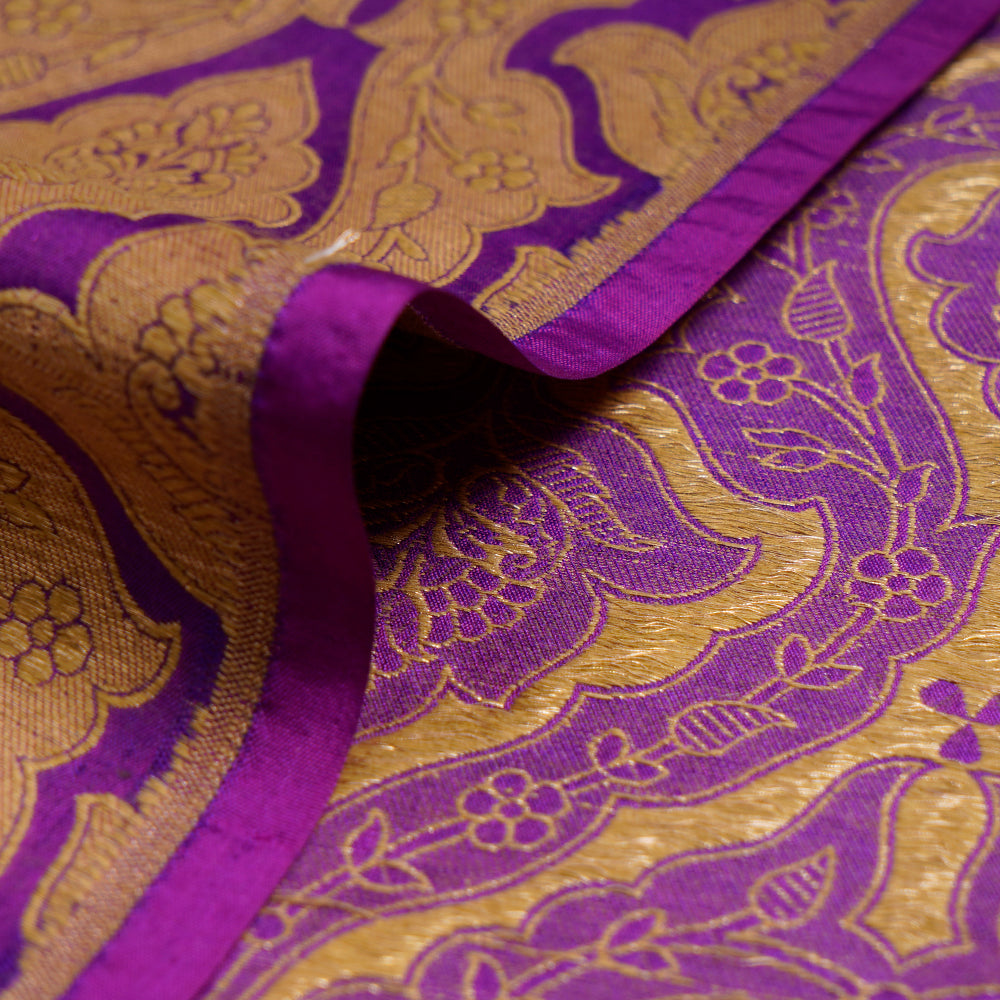 (Pre-Cut 1.40 Mtr) Purple Color Handwoven Brocade Silk Fabric